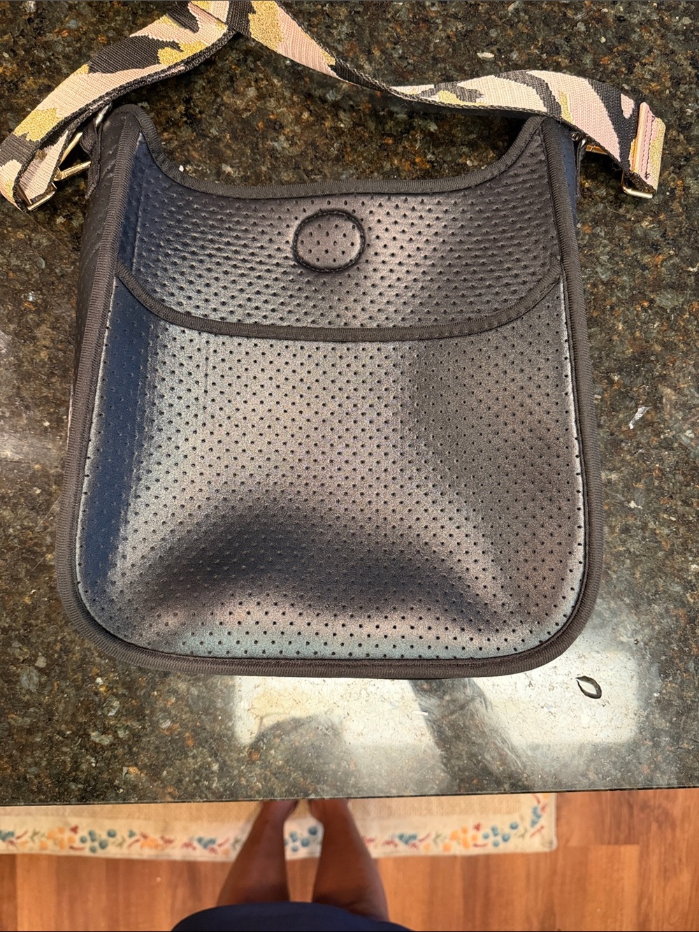AH•DORNED Perforated Black Crossbody Bag with Patterned Strap